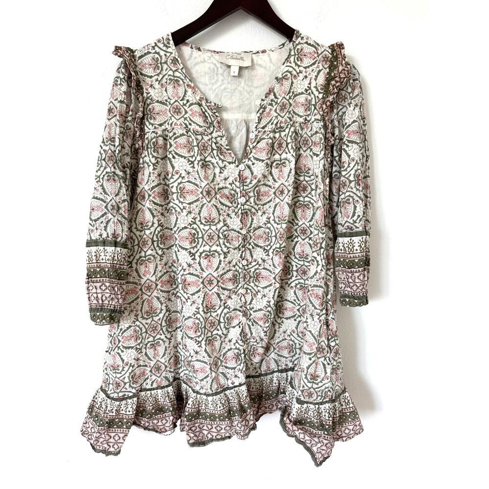 Cleobella Meadow Mini Dress Marrakesh Print Cream Green Pink- Boho Cotton Small